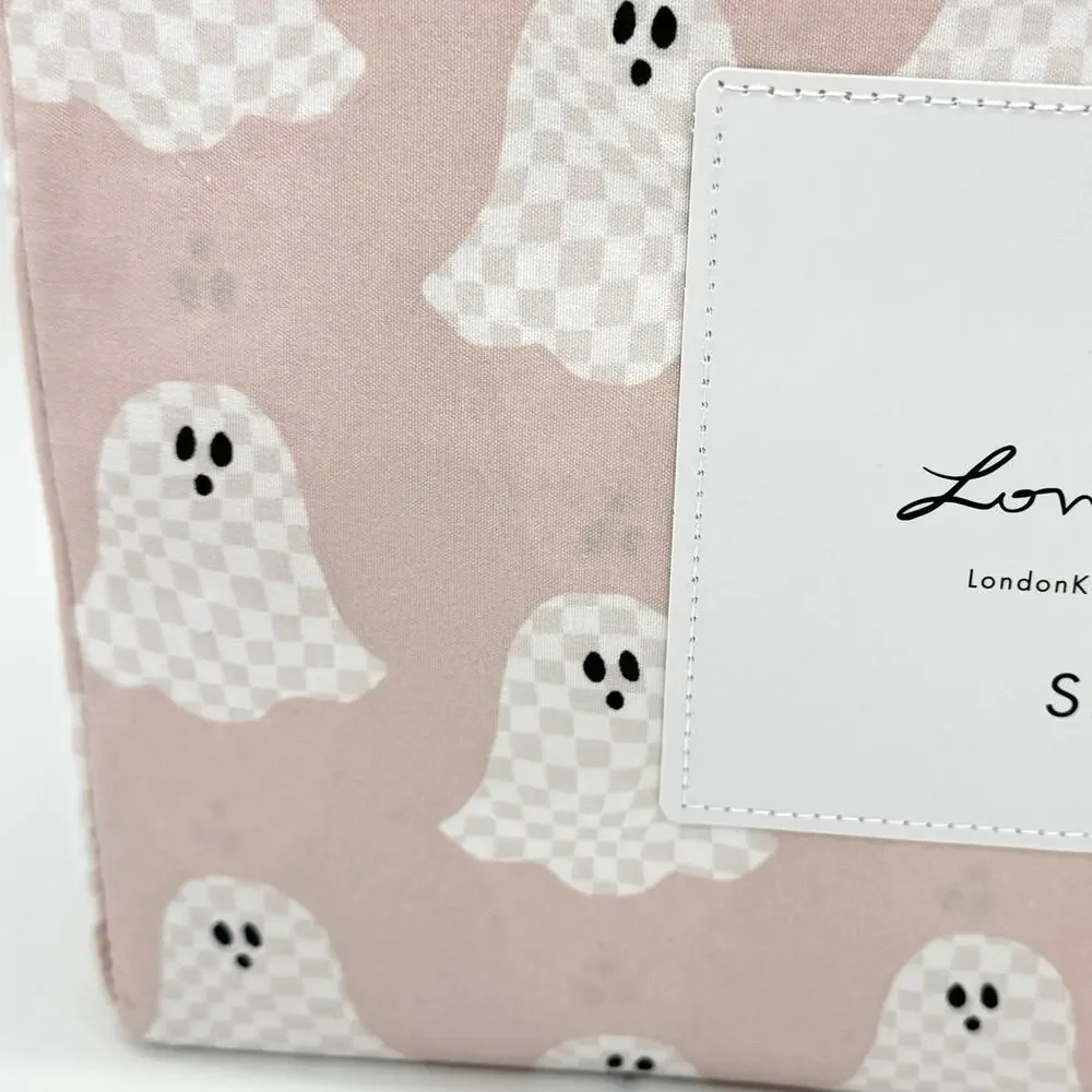 London Kaye Pink & White Checkered Ghost QUEEN Size Halloween Sheet Set New